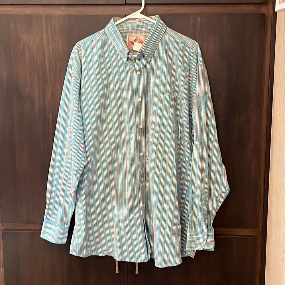 Wrangler Blue and Tan Plaid Long Sleeve Button Front Shirt Size XXL